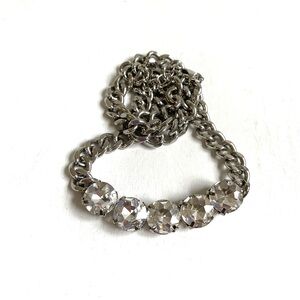 SILVER CHAIN LINK NECKLACE FIVE LARGE CENTER RHINESTONES ADJUSTABLE